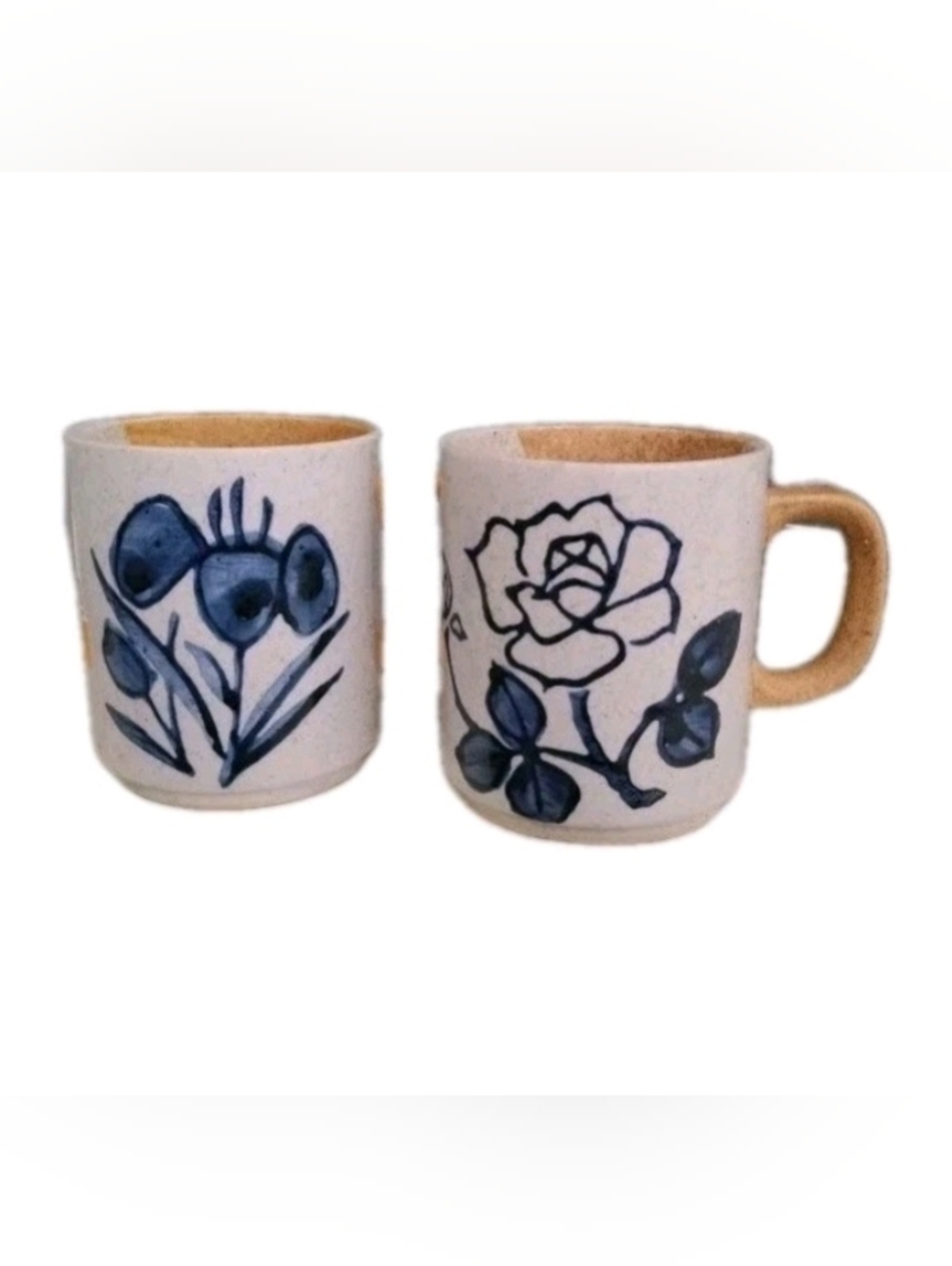 VTG Floral Stoneware Coffee Cups Mugs Hand Painted 70s Brown Beige Blue Set of 2